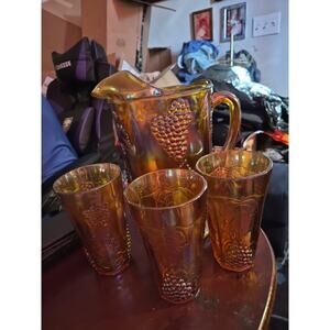 Vintage Indiana Glass Harvest Grape 4 Piece Pitcher And 3 Tumblers In...